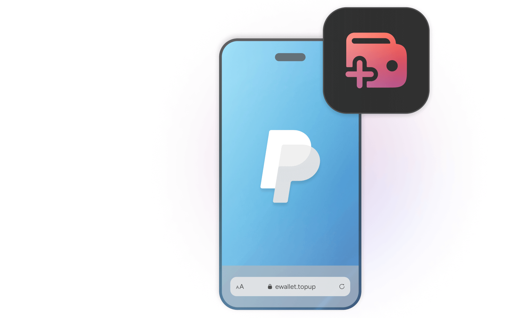PayPal logo on a smartphone screen with an 'Add Wallet' icon, representing e-wallet top-up functionality